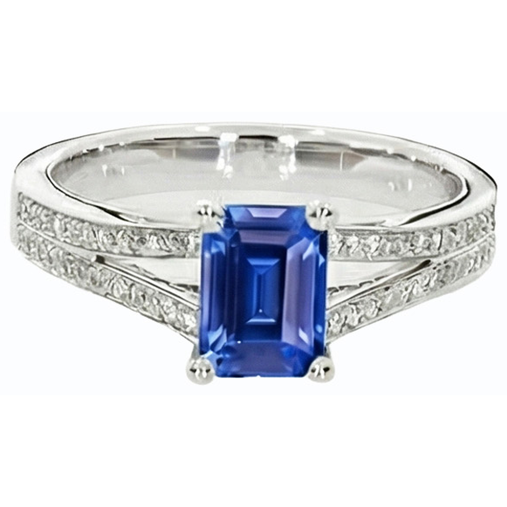 Natural Earth Mined Diamond ( Not Lab Grown ) Jewelry Emerald Cut Blue Sapphire Ring Split Shank 3 Carats