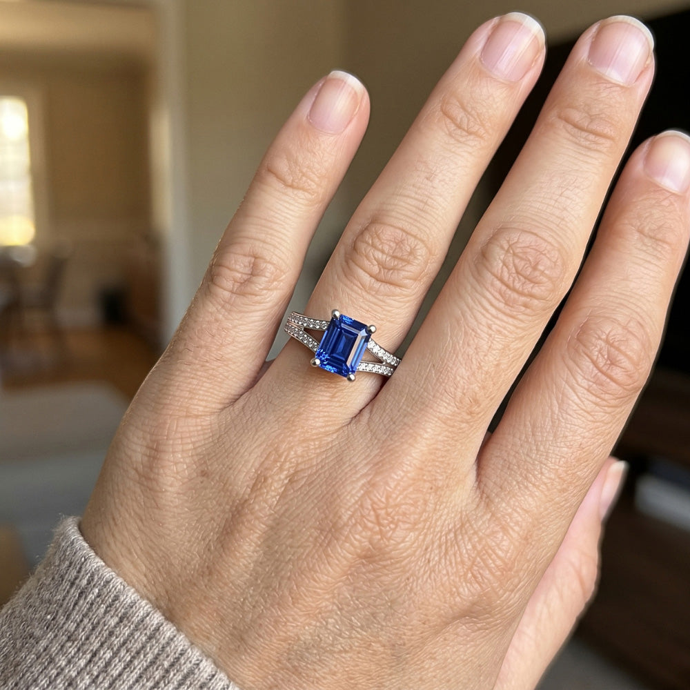 Natural Earth Mined Diamond ( Not Lab Grown ) Jewelry Emerald Cut Blue Sapphire Ring Split Shank 3 Carats