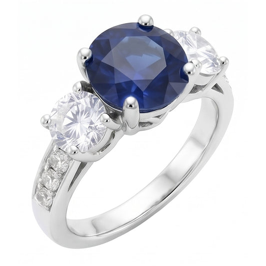 Natural Earth Mined Diamond ( Not Lab Grown ) Jewelry Round Srilanka Sapphire Ring 3 Stone Style 3 Carats