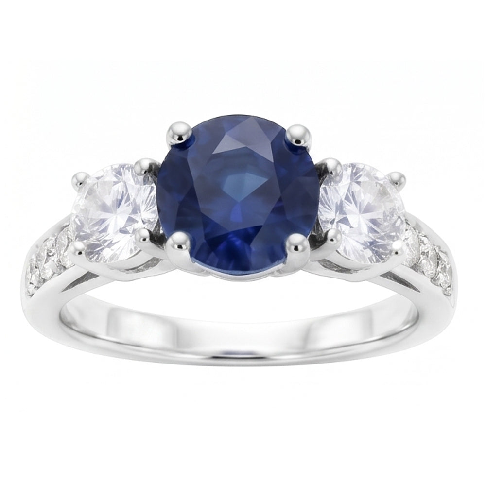 Natural Earth Mined Diamond ( Not Lab Grown ) Jewelry Round Srilanka Sapphire Ring 3 Stone Style 3 Carats