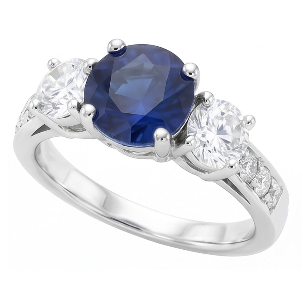 Natural Earth Mined Diamond ( Not Lab Grown ) Jewelry Round Srilanka Sapphire Ring 3 Stone Style 3 Carats