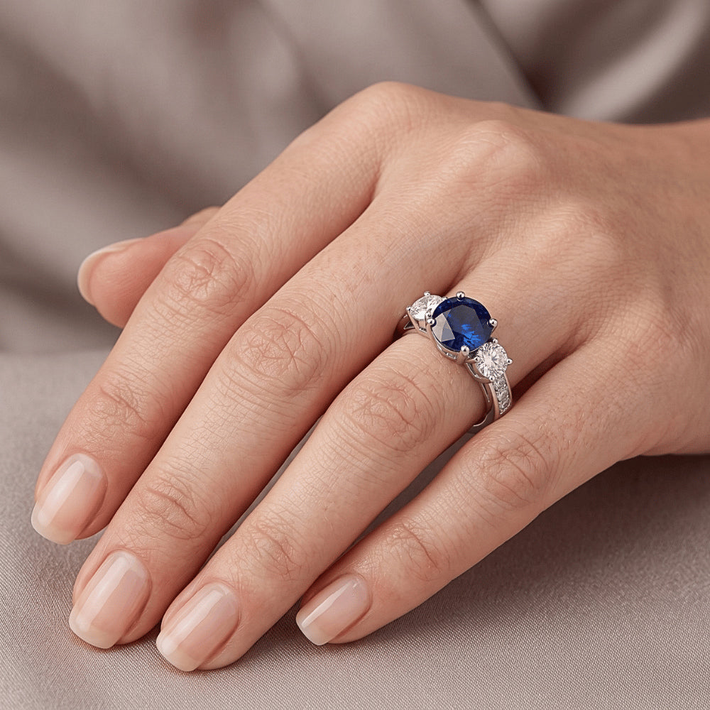 Natural Earth Mined Diamond ( Not Lab Grown ) Jewelry Round Srilanka Sapphire Ring 3 Stone Style 3 Carats