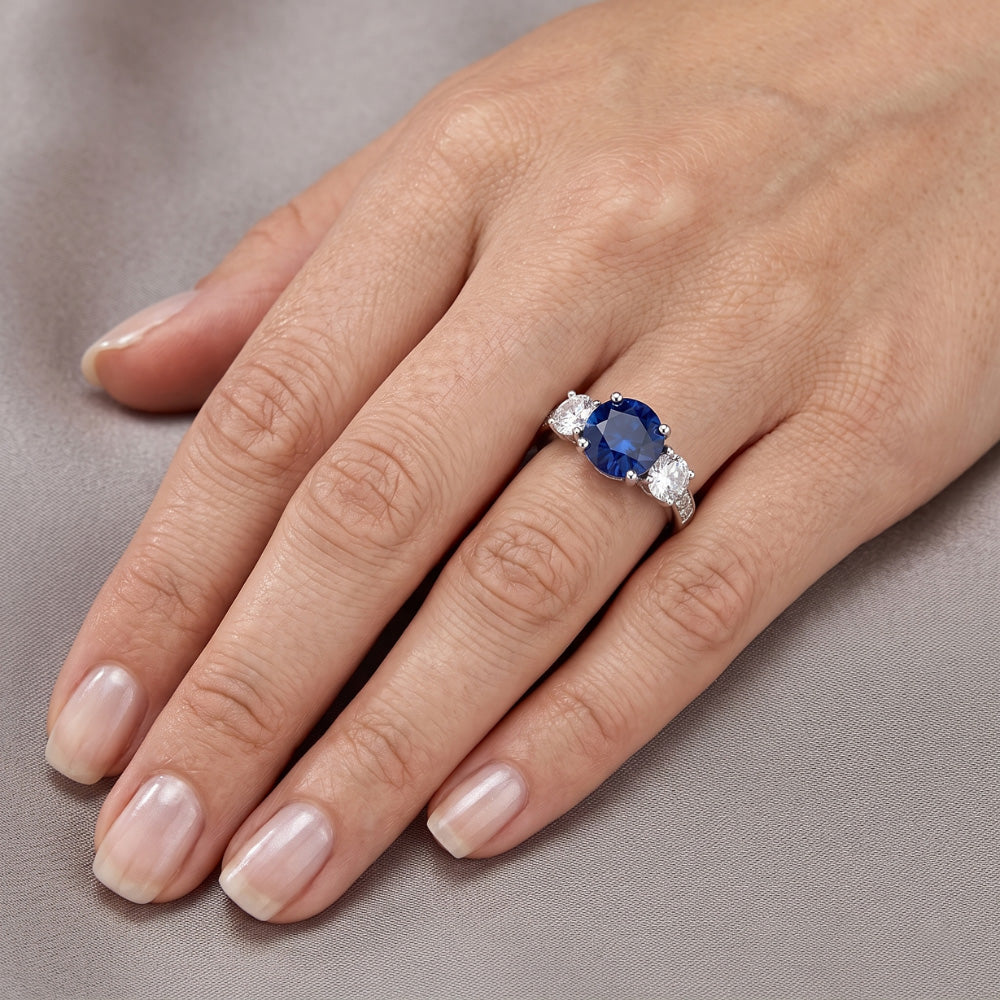 Natural Earth Mined Diamond ( Not Lab Grown ) Jewelry Round Srilanka Sapphire Ring 3 Stone Style 3 Carats