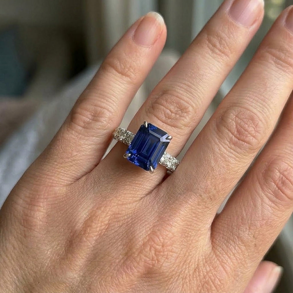 Natural Earth Mined Diamond ( Not Lab Grown ) Pave Setting Ring Emerald Ceylon Sapphire 5 Carats