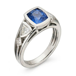Natural Earth Mined Diamond ( Not Lab Grown ) Ring 2.50 Carats Bezel Round Sapphire & Trillion, P...