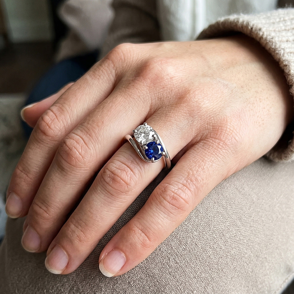 Natural Earth Mined Diamond ( Not Lab Grown ) Round Blue Sapphire Bypass Setting Ring 1.50 Carats