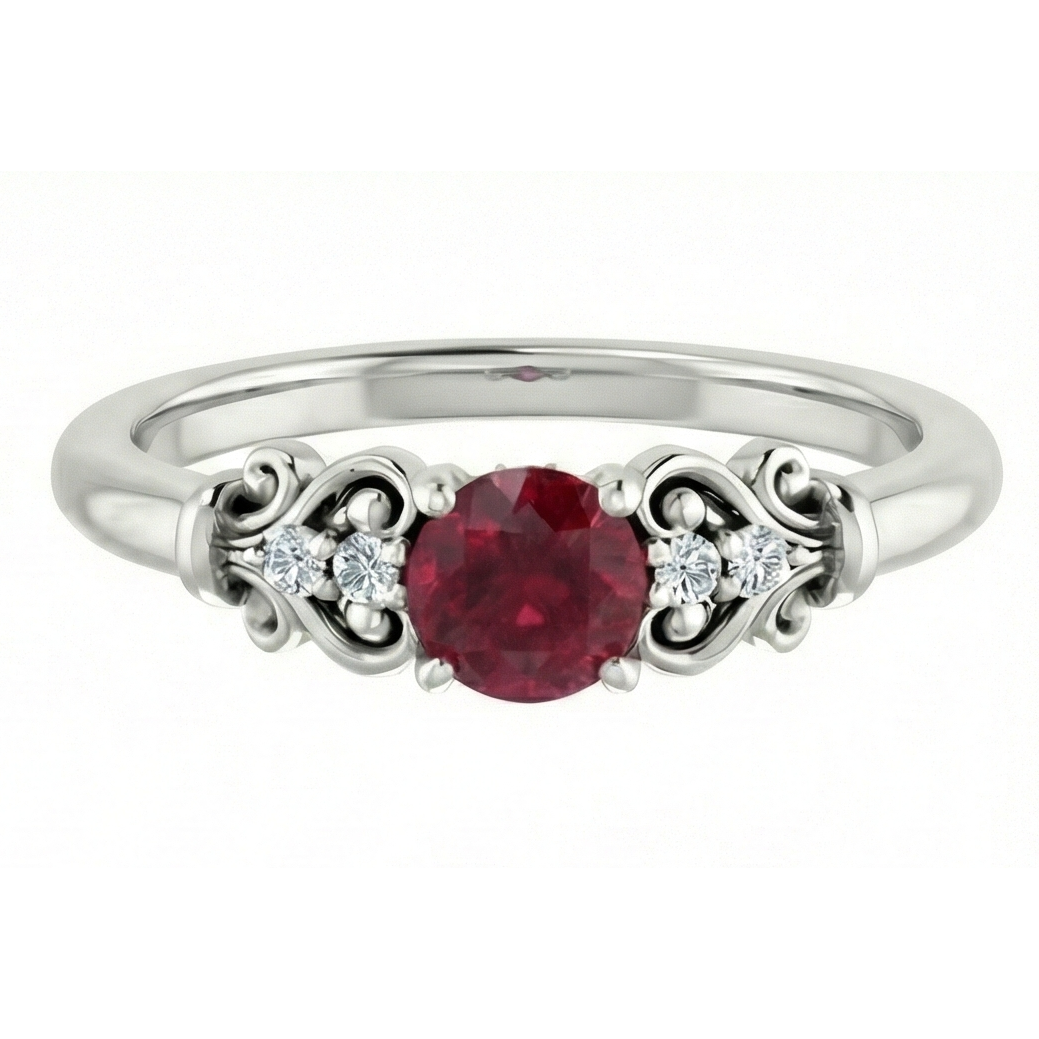 Natural Earth Mined Diamond ( Not Lab Grown ) Round Ruby Fancy Ring 1.40 Carats White Gold 14K