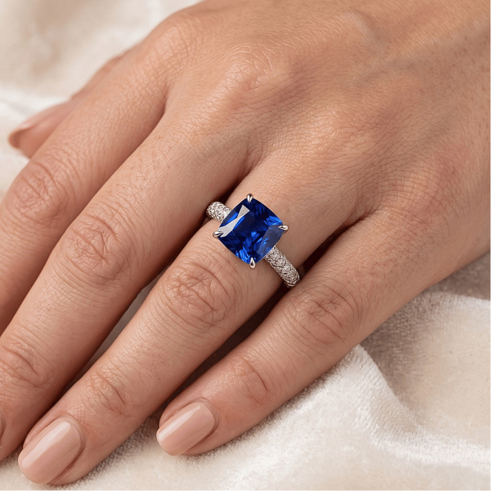 Natural Earth Mined Diamond ( Not Lab Grown ) Solitaire Ring Cushion Blue Sapphire With Accents 3.25 Carats