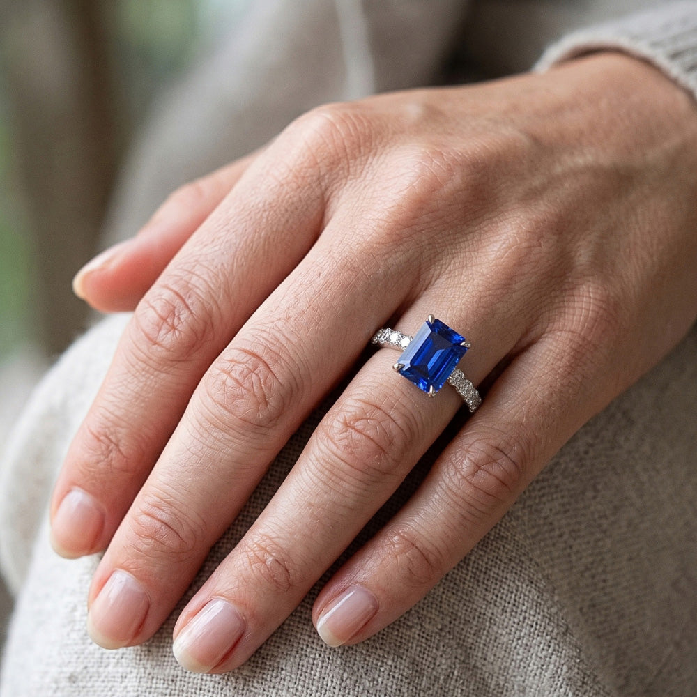 Natural Earth Mined Diamond ( Not Lab Grown ) Solitaire Ring with Accents Emerald Blue Sapphire 4.50 Carats
