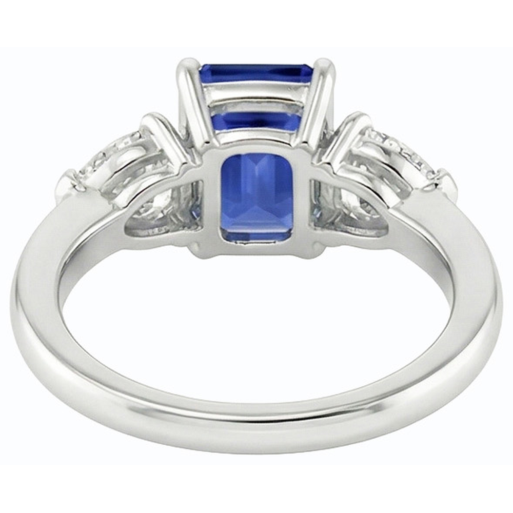 Natural Earth Mined Diamond ( Not Lab Grown ) Three Stone Emerald Shaped Ring Deep Blue Sapphire 2.50 Carats