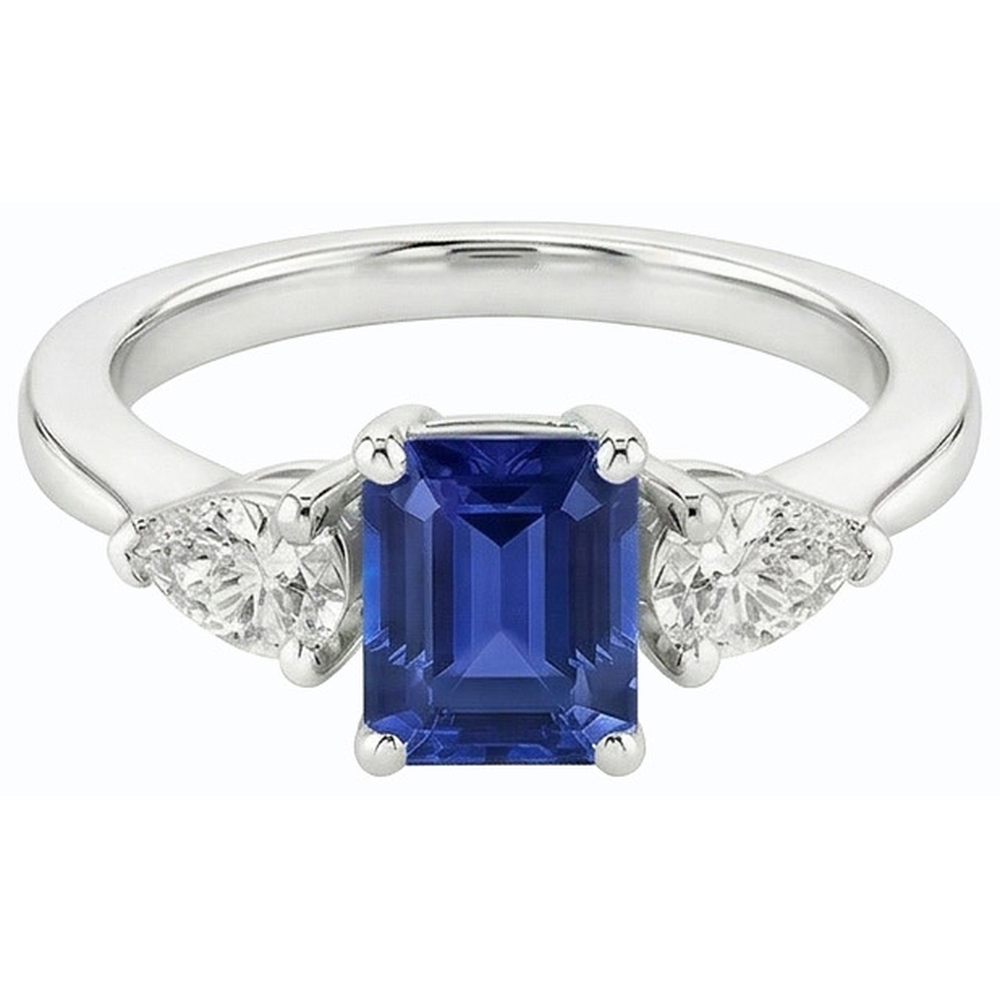 Natural Earth Mined Diamond ( Not Lab Grown ) Three Stone Emerald Shaped Ring Deep Blue Sapphire 2.50 Carats