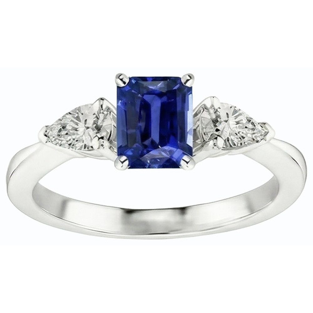 Natural Earth Mined Diamond ( Not Lab Grown ) Three Stone Emerald Shaped Ring Deep Blue Sapphire 2.50 Carats