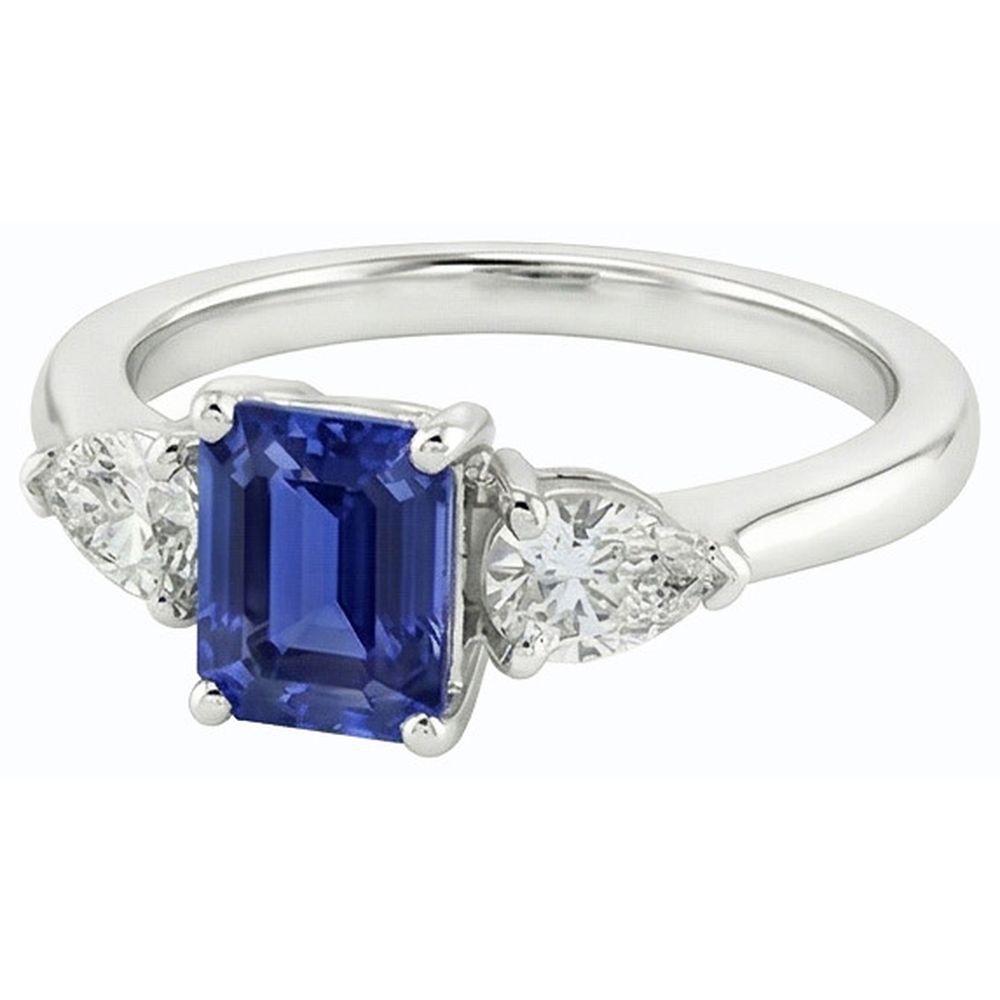 Natural Earth Mined Diamond ( Not Lab Grown ) Three Stone Emerald Shaped Ring Deep Blue Sapphire 2.50 Carats