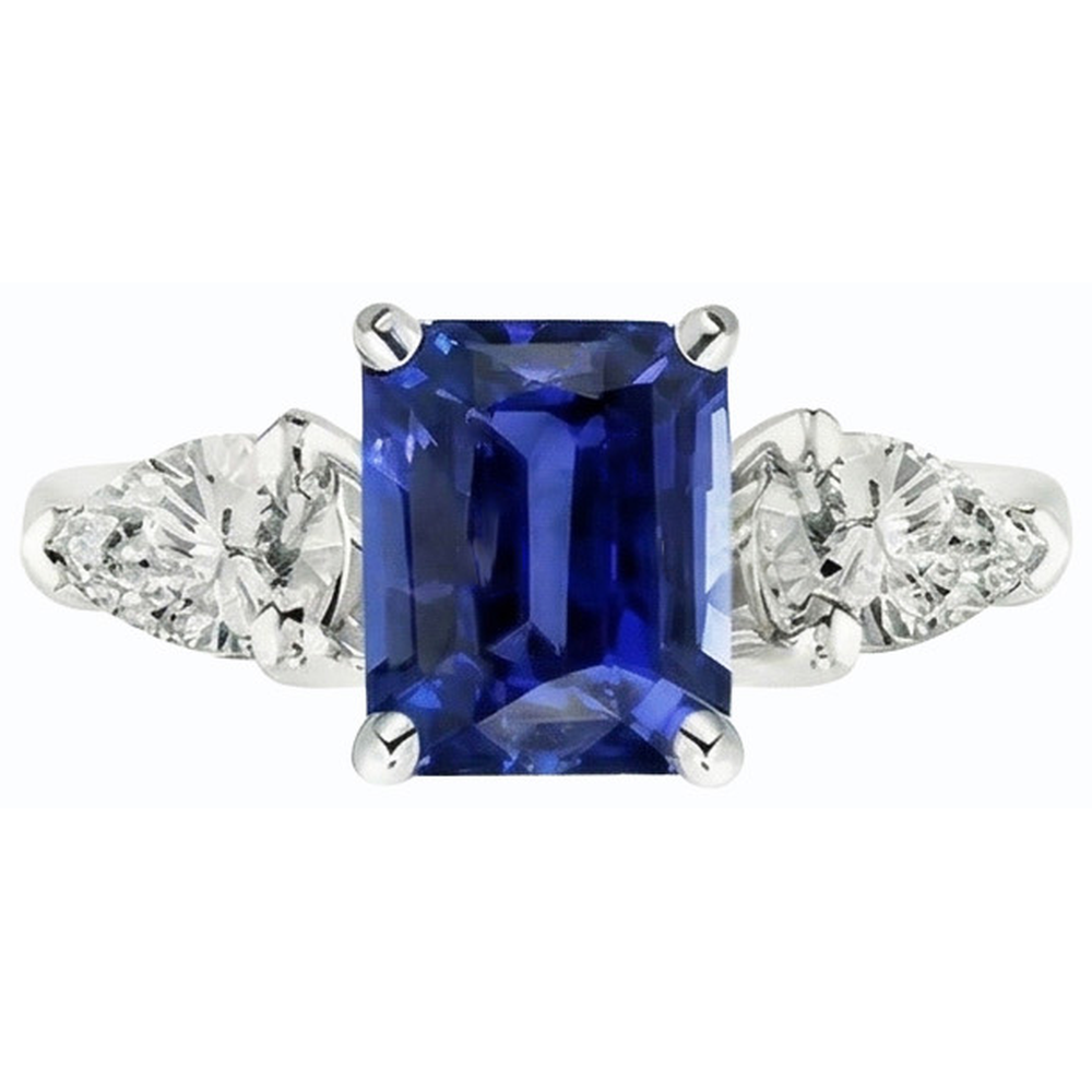 Natural Earth Mined Diamond ( Not Lab Grown ) Three Stone Emerald Shaped Ring Deep Blue Sapphire 2.50 Carats