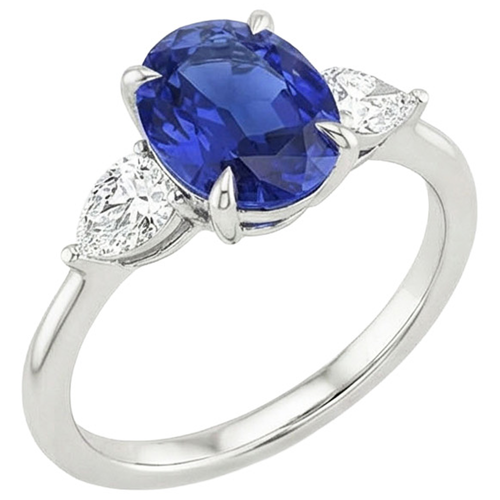Natural Earth Mined Diamond ( Not Lab Grown ) Three Stone Ring Oval Cut Ceylon Sapphire 3.50 Carats