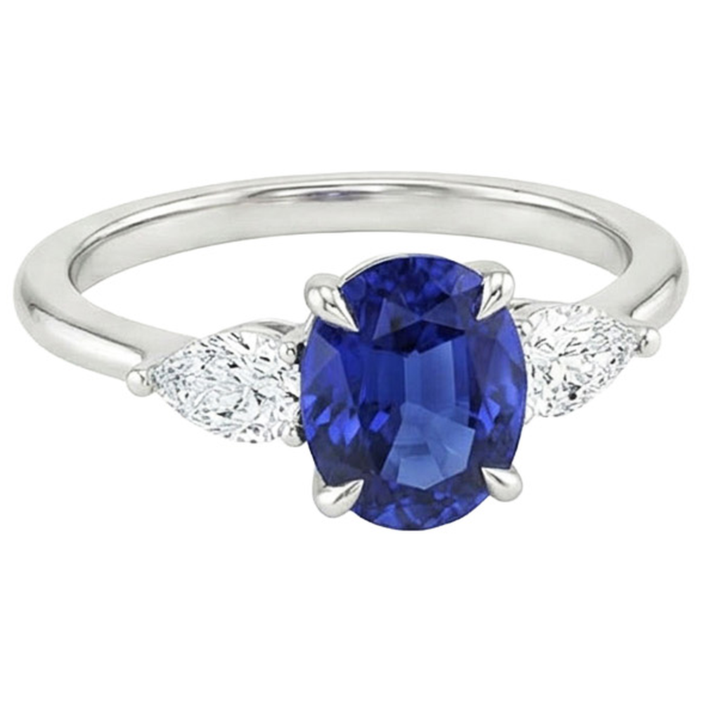 Natural Earth Mined Diamond ( Not Lab Grown ) Three Stone Ring Oval Cut Ceylon Sapphire 3.50 Carats