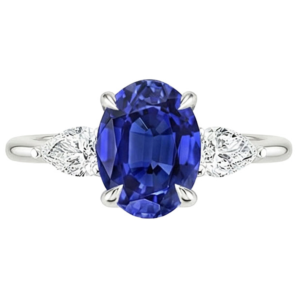 Natural Earth Mined Diamond ( Not Lab Grown ) Three Stone Ring Oval Cut Ceylon Sapphire 3.50 Carats