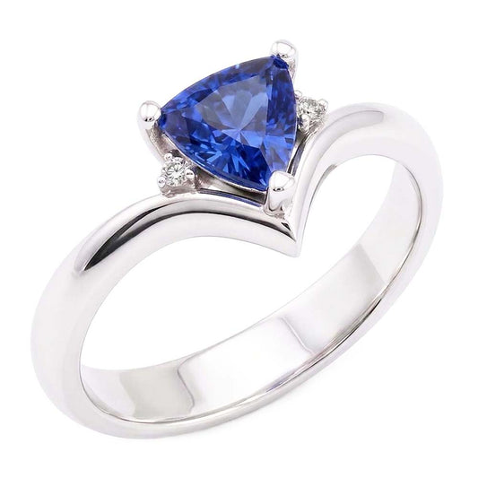 Natural Earth Mined Diamond ( Not Lab Grown ) Three Stone Trillion Sapphire Ring 1.25 Carats Heart Style