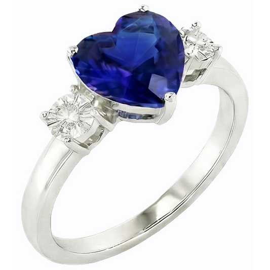 Natural Earth Mined Diamond ( Not Lab Grown ) Three Stone Wedding Heart Ceylon Sapphire Ring 2.50 Carats