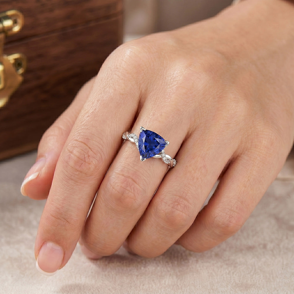 Natural Earth Mined Diamond ( Not Lab Grown ) Trillion V Prong Blue Sapphire Ring 2 Carats Twisted Style