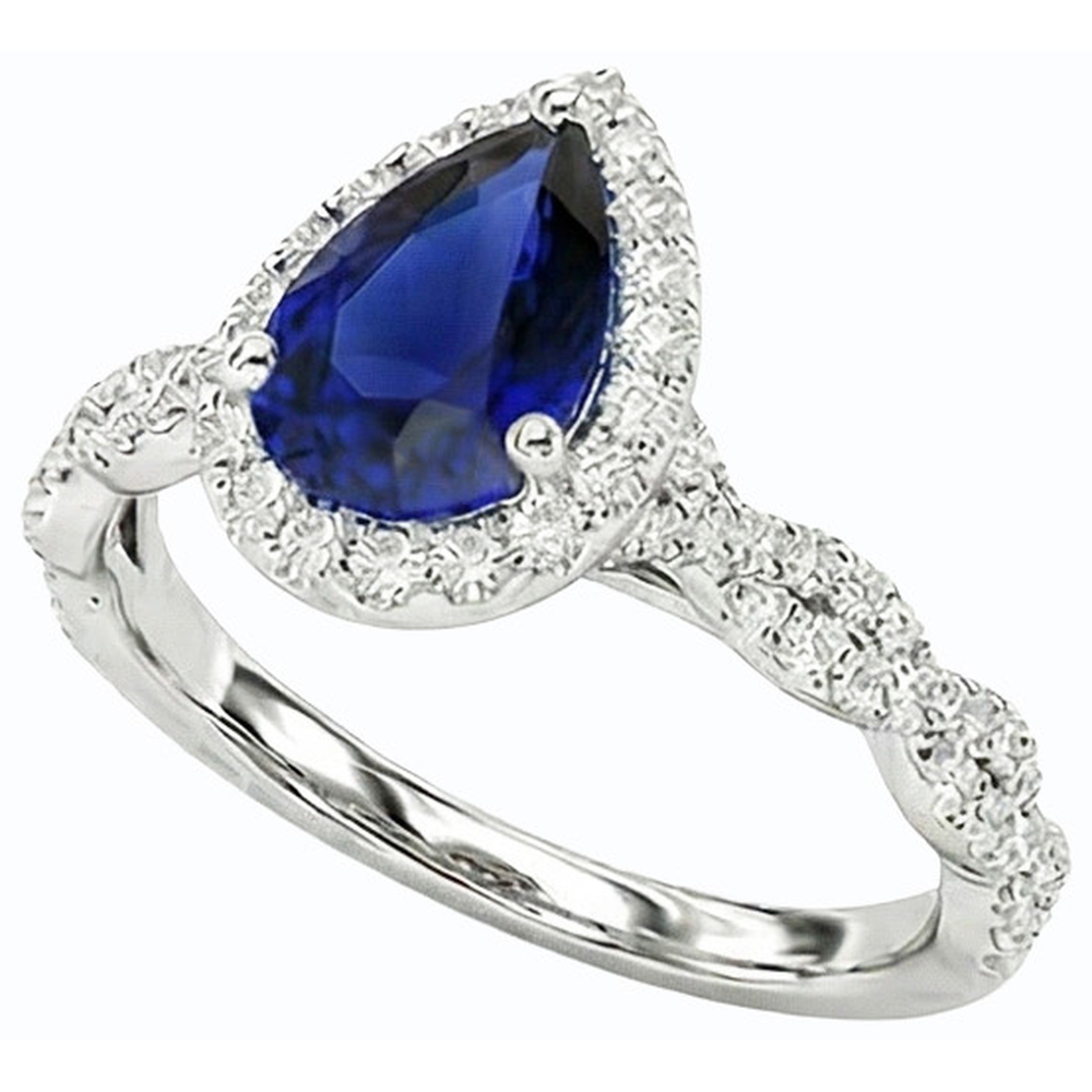 Natural Earth Mined Diamond ( Not Lab Grown ) Wedding Halo Ring Pear Shaped Sri Lankan Sapphire 4 Carats