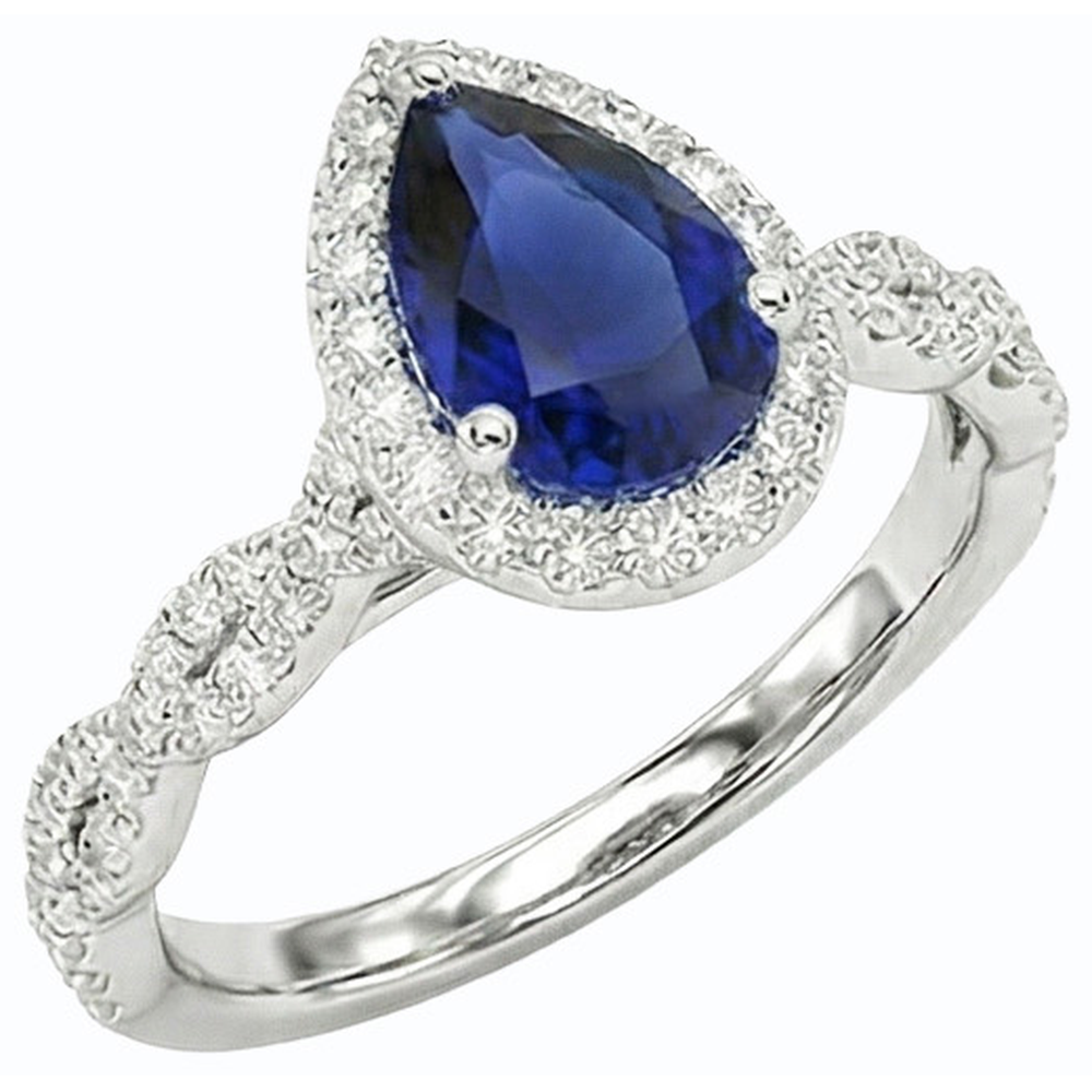 Natural Earth Mined Diamond ( Not Lab Grown ) Wedding Halo Ring Pear Shaped Sri Lankan Sapphire 4 Carats