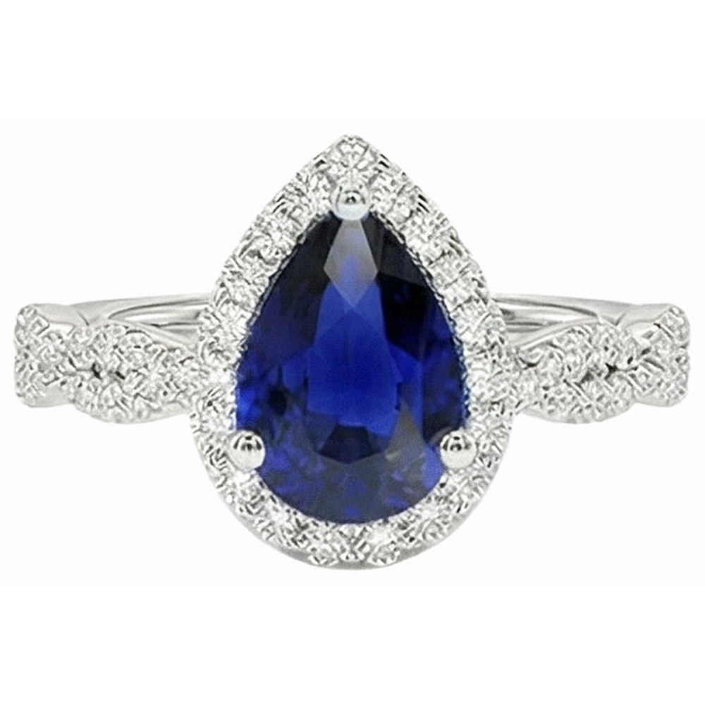 Natural Earth Mined Diamond ( Not Lab Grown ) Wedding Halo Ring Pear Shaped Sri Lankan Sapphire 4 Carats
