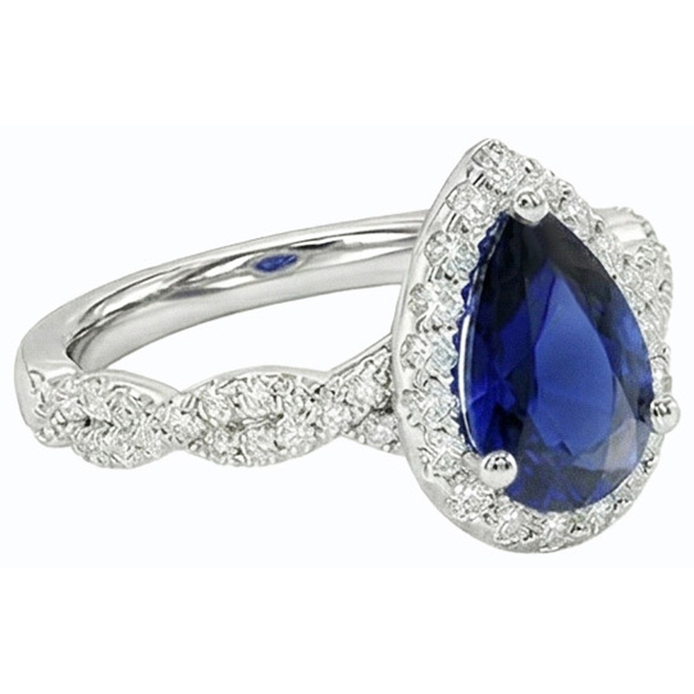 Natural Earth Mined Diamond ( Not Lab Grown ) Wedding Halo Ring Pear Shaped Sri Lankan Sapphire 4 Carats