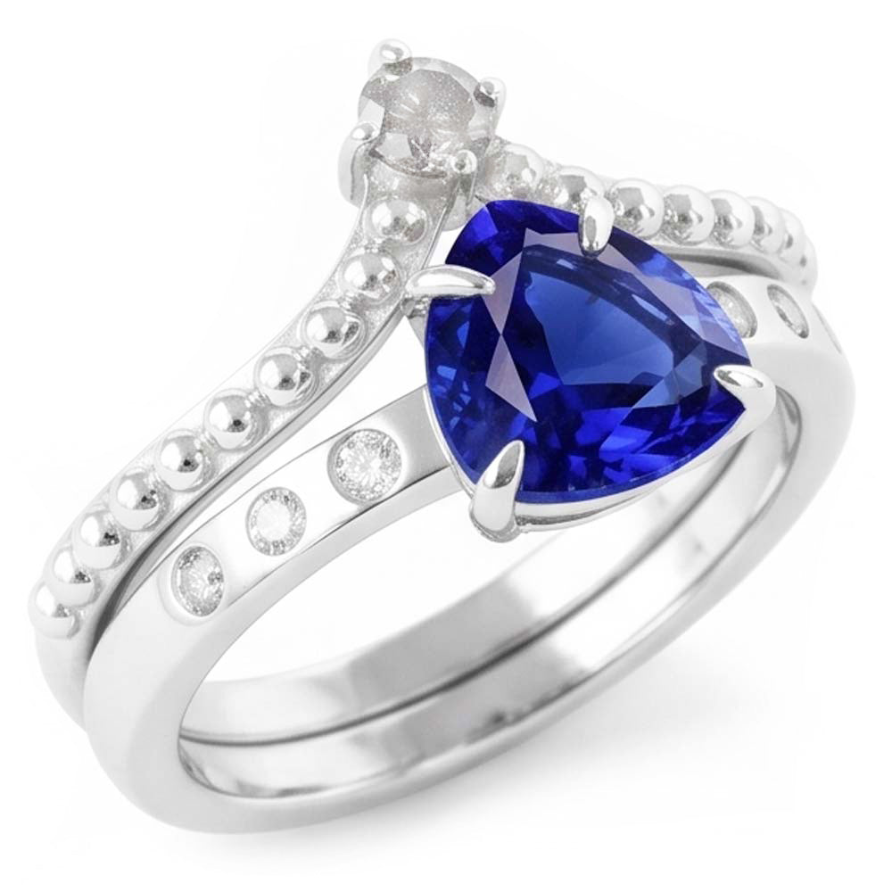 Natural Earth Mined Diamond ( Not Lab Grown ) Wedding Ring Set Trillion Blue Sapphire 2 Carats