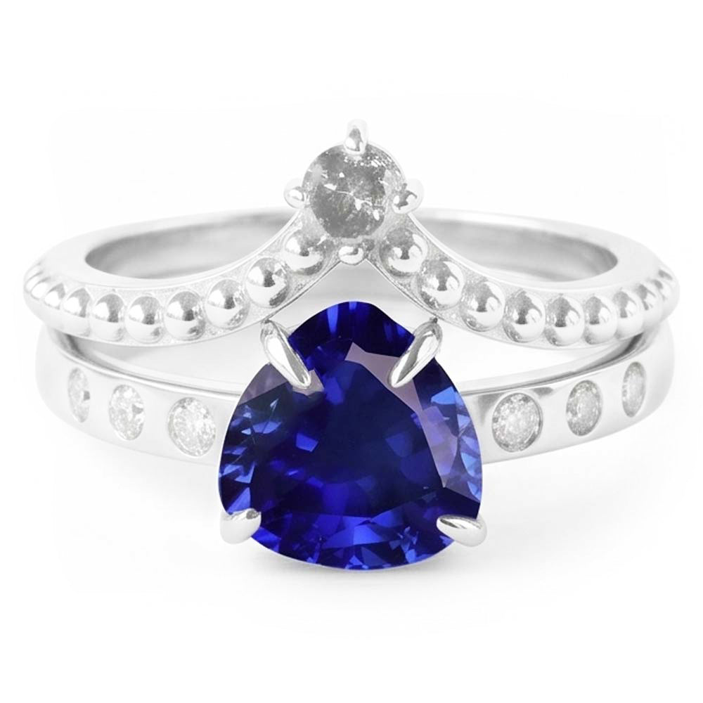 Natural Earth Mined Diamond ( Not Lab Grown ) Wedding Ring Set Trillion Blue Sapphire 2 Carats