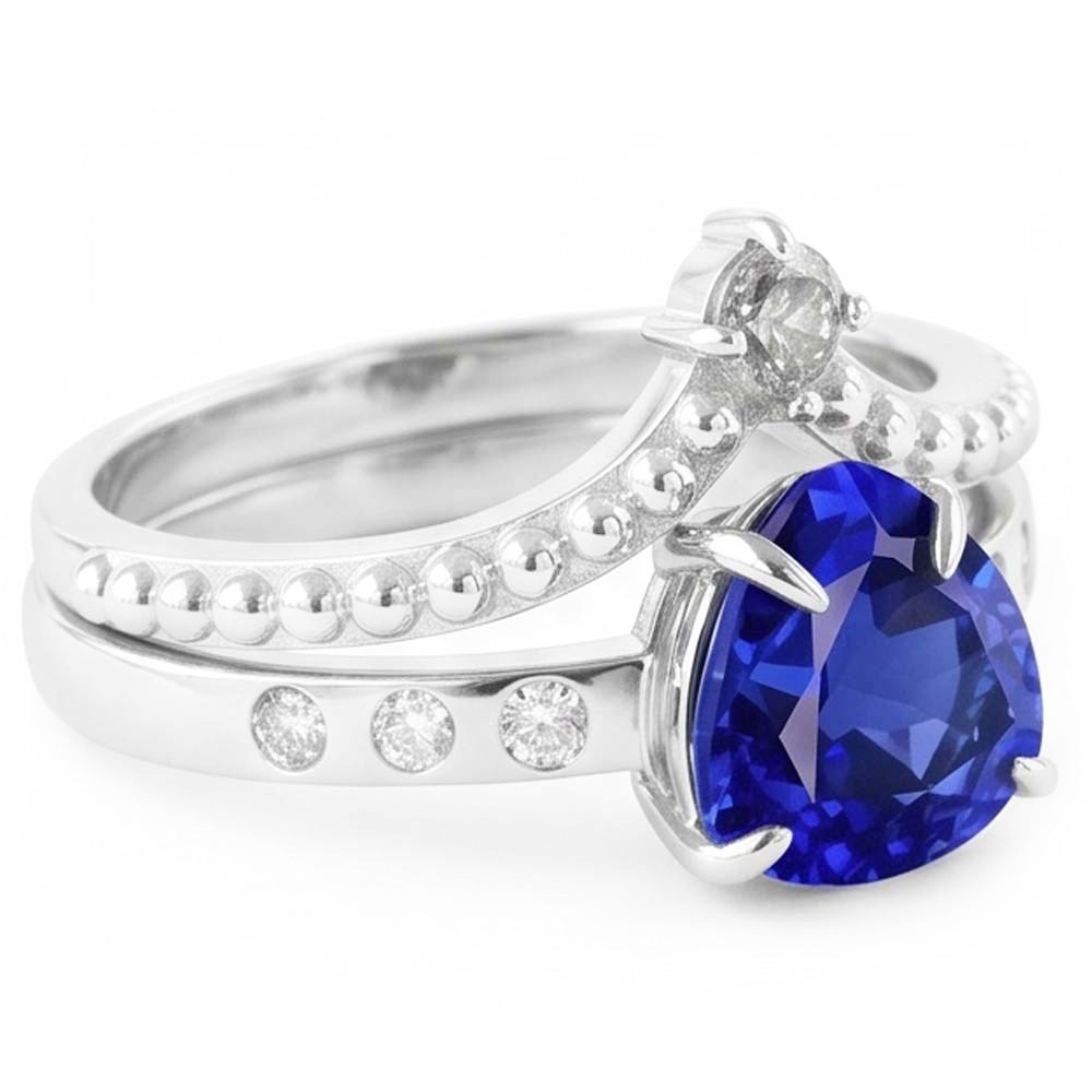 Natural Earth Mined Diamond ( Not Lab Grown ) Wedding Ring Set Trillion Blue Sapphire 2 Carats