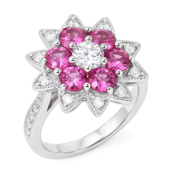 Natural Earth Mined Diamond ( Not Lab Grown ) s & Pink Sapphires 1.15 Ct. Flower Style Ring White Gold 14K
