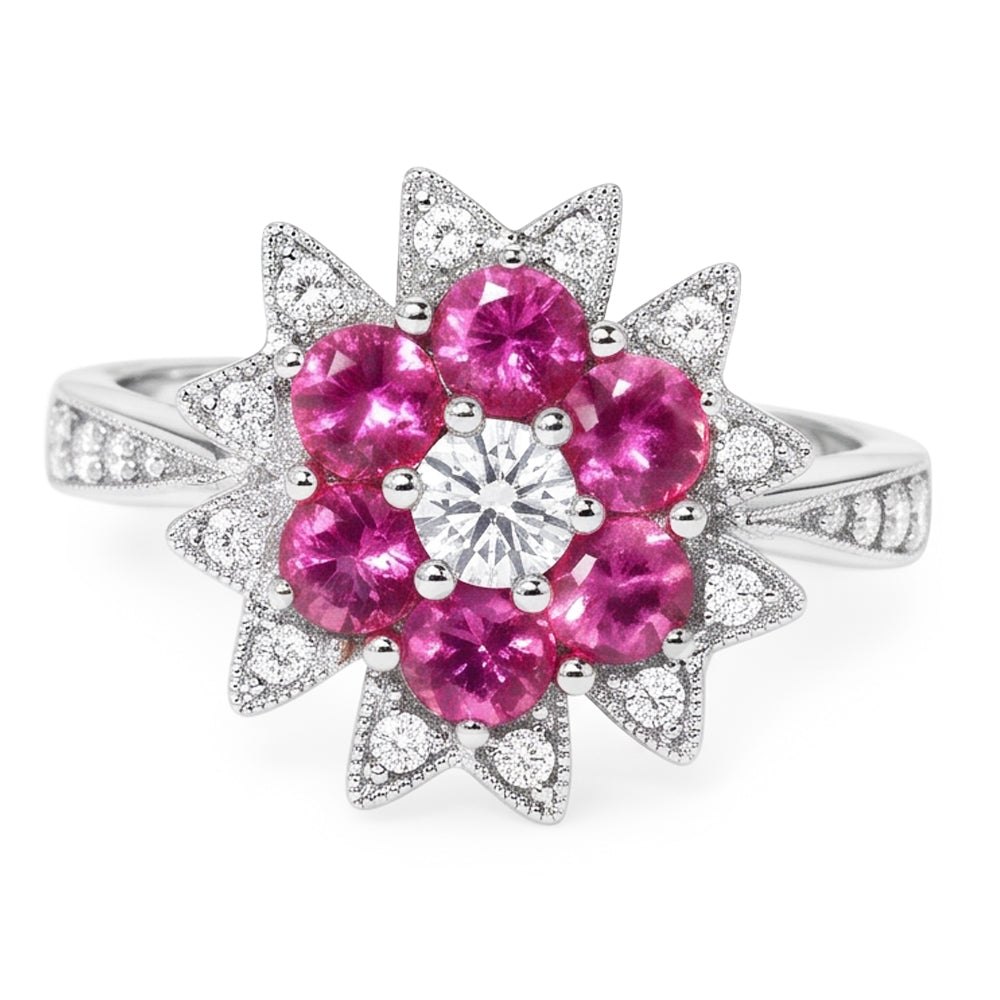 Natural Earth Mined Diamond ( Not Lab Grown ) s & Pink Sapphires 1.15 Ct. Flower Style Ring White Gold 14K