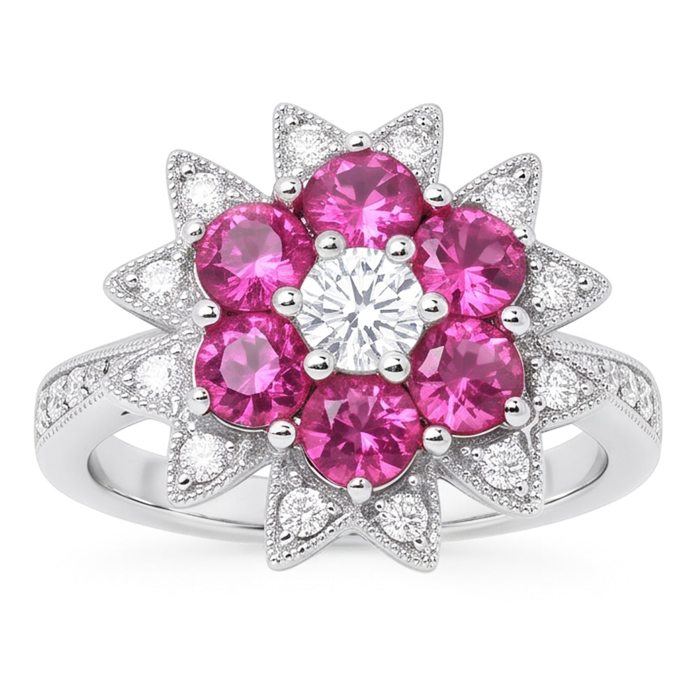 Natural Earth Mined Diamond ( Not Lab Grown ) s & Pink Sapphires 1.15 Ct. Flower Style Ring White Gold 14K