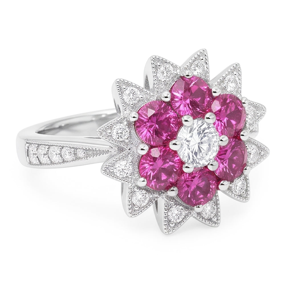 Natural Earth Mined Diamond ( Not Lab Grown ) s & Pink Sapphires 1.15 Ct. Flower Style Ring White Gold 14K
