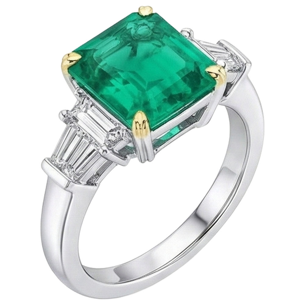 Natural Green Emerald Asscher Cut Earth Mined Diamond Ring For Women