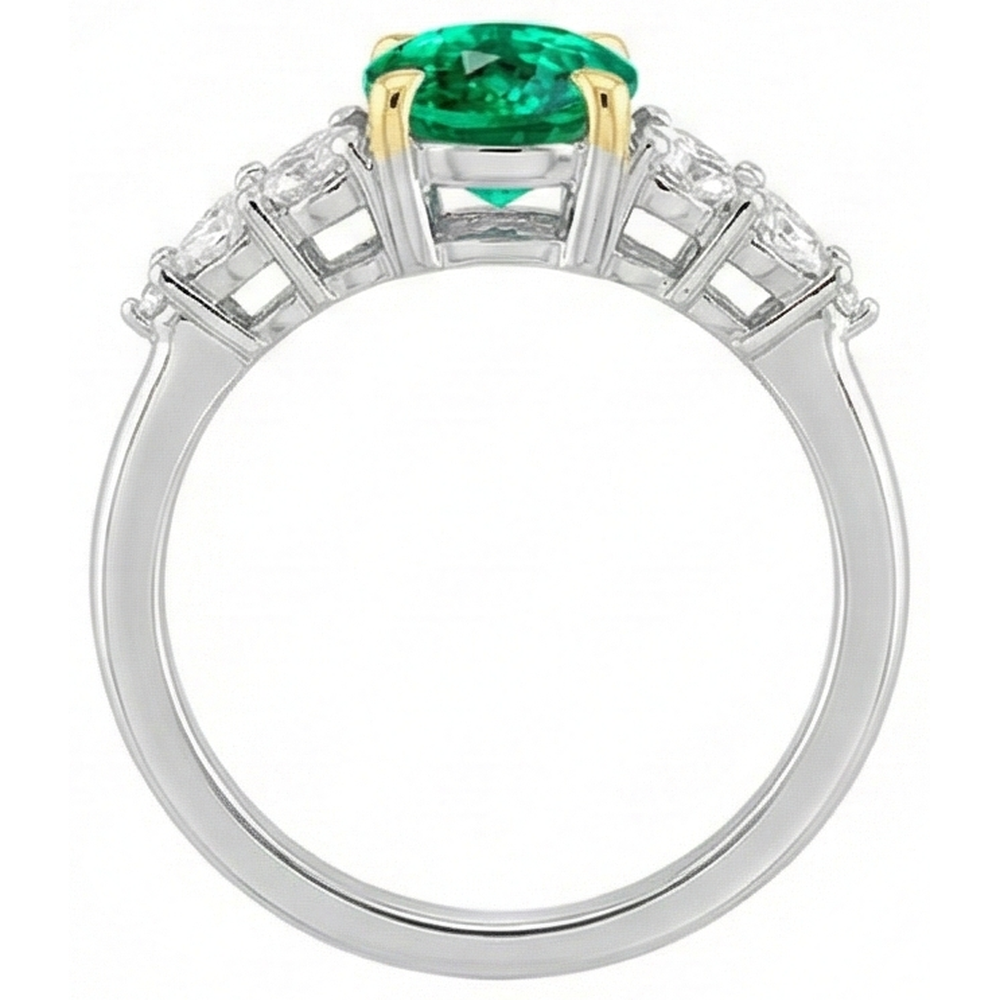 Colombian Emerald Oval Cut Precious Stone Ring in 14 Karat Two Tone Gold – back view