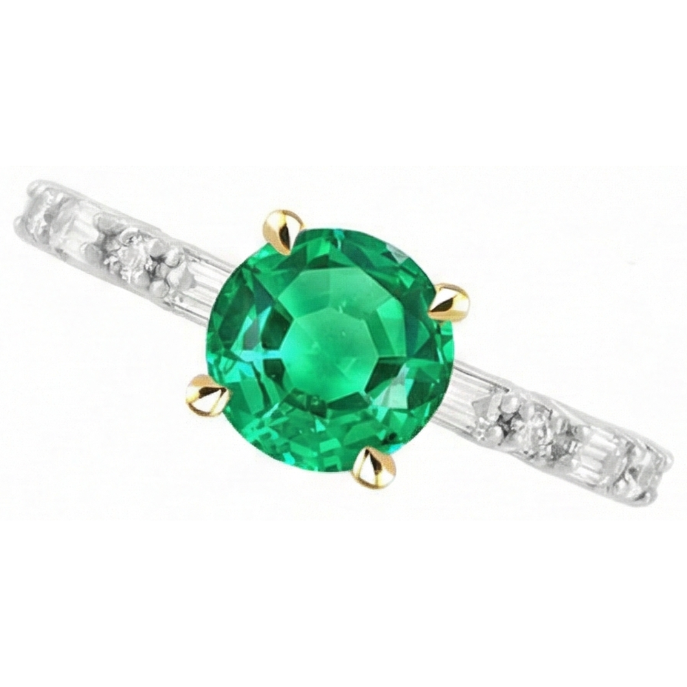 Fine Emerald Round Cut Gemstone Ring in Two-Tone 14K Gold – top view