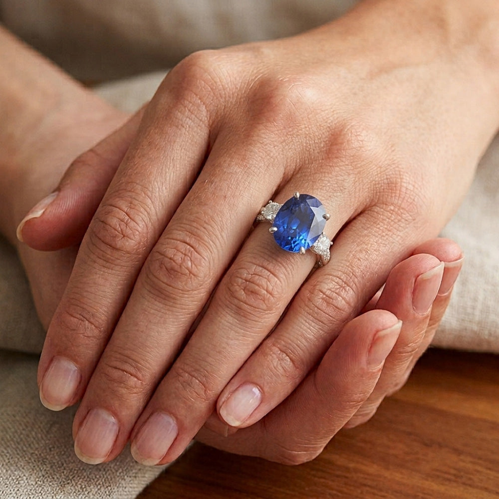 Natural Sapphire Ring 6.50ct - White Gold 14K