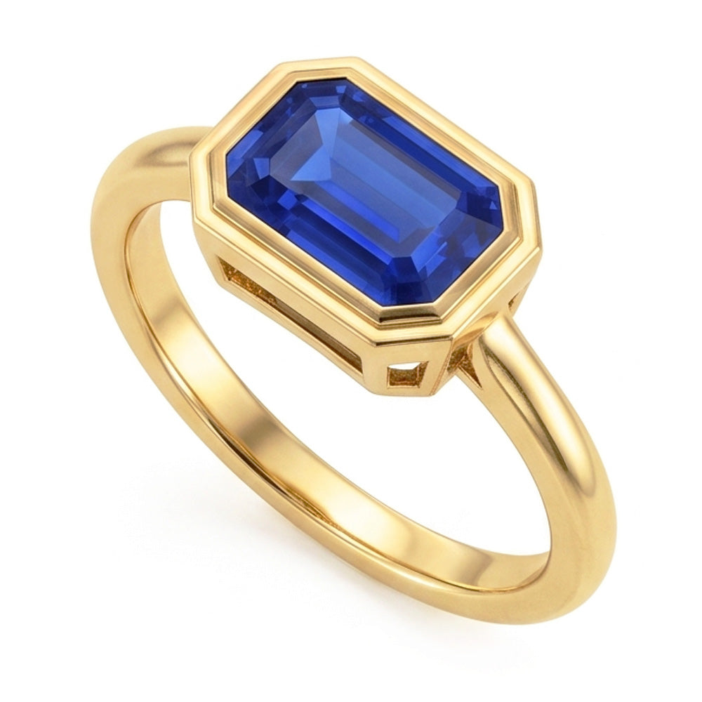 Natural Solitaire Ring Emerald Blue Sapphire Bezel Set 1.50 Carats Gold 14K