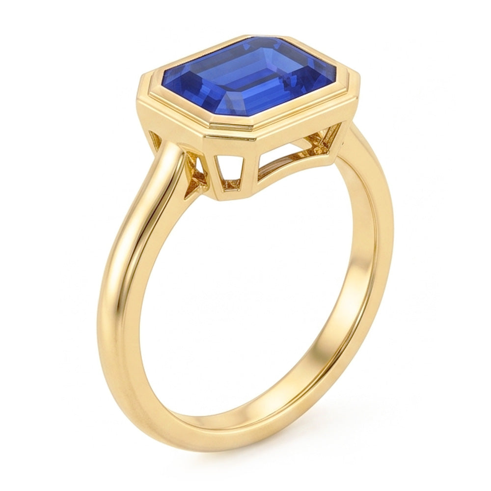 Natural Solitaire Ring Emerald Blue Sapphire Bezel Set 1.50 Carats Gold 14K