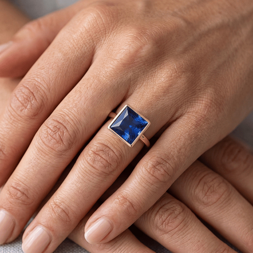 Natural Solitaire Ring Princess Bezel Set Blue Sapphire 5 Carats Yellow Gold