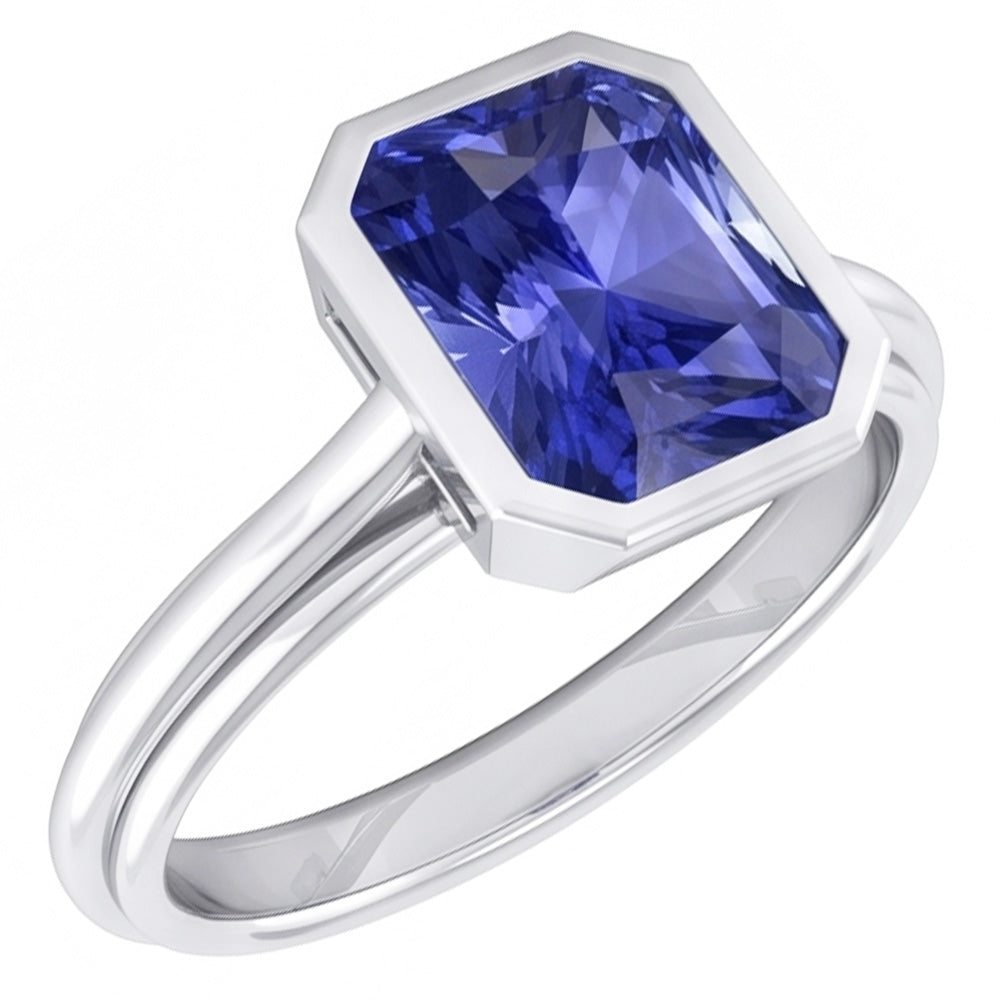 Natural Women's Gold Solitaire Ring Radiant Cut Sapphire Bezel Set 2.50 Carats