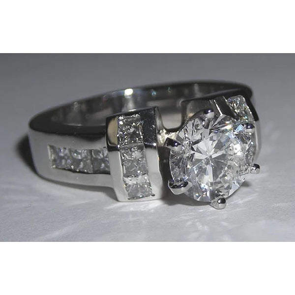 Natural Diamond Engagement Ring 2.71 Carats Princess and Round White Gold 14K