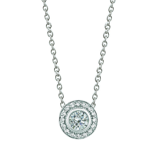 Natural Diamond Halo Necklace Milgrain Pendant 0.75 Carats 14K White Gold