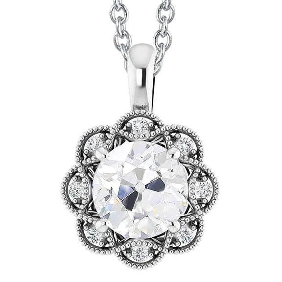 Natural Diamond Pendant Flower Style Old Mine Cut 4 Carats Slide With Chain