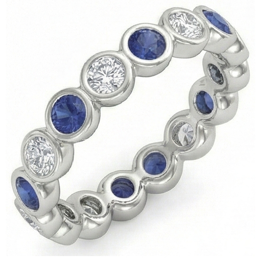 Natural Earth Mined Diamond ( Not Lab Grown ) Eternity Band 2 Carat Bezel Set Round Blue Sapphire Ladies