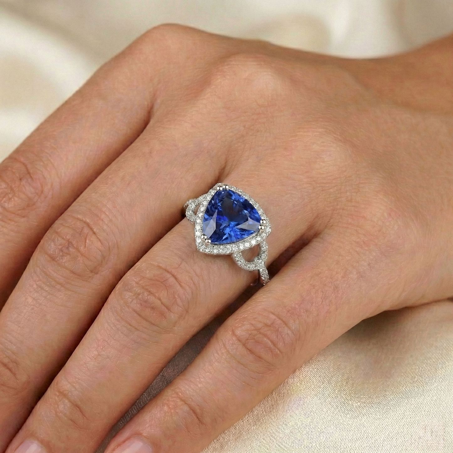 Natural Earth Mined Diamond ( Not Lab Grown ) Halo Trillion Srilanka Sapphire Ring 3 Carats Accented Jewelry