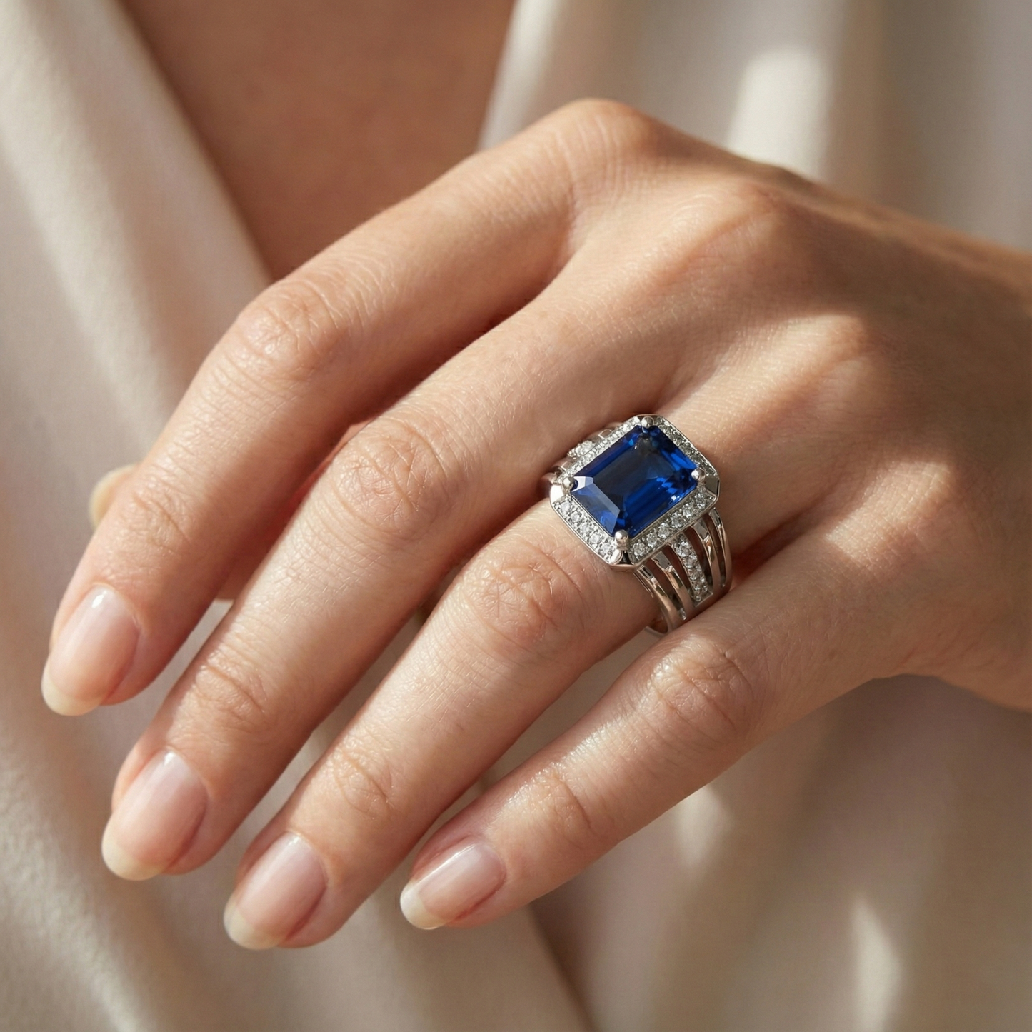 Natural Earth Mined Diamond ( Not Lab Grown ) Men’s Ring Emerald Cut Blue Sapphire With Accents 3.50 Carats