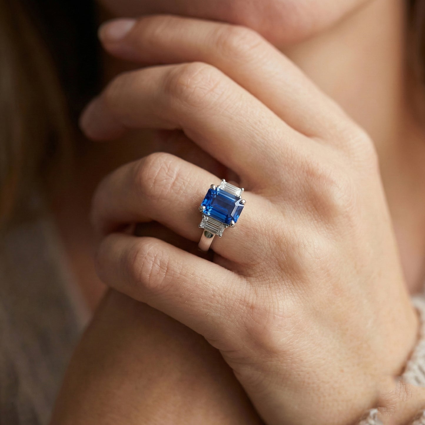 Natural Earth Mined Diamond ( Not Lab Grown ) Gemstone Jewelry 2 Carats Ceylon Sapphire Ring Prong Baguettes
